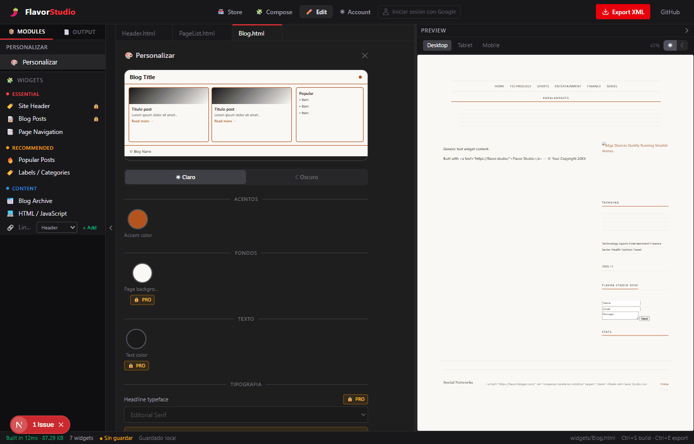 Captura del editor de Flavor Studio con controles visuales y preview de una plantilla Blogger.